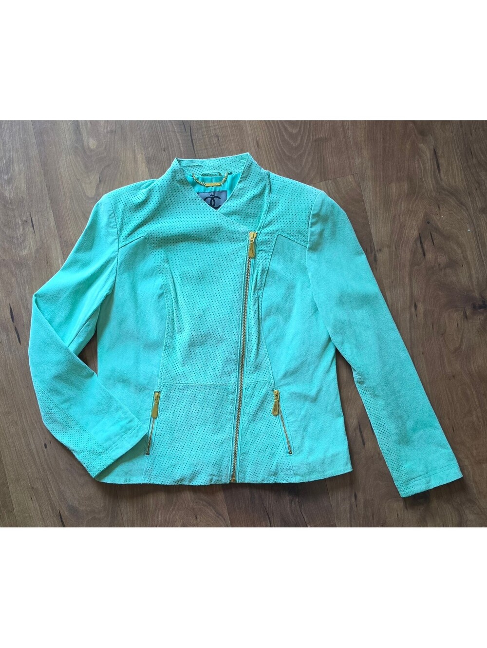 Queen Collection Mint Green Laser Cut Suede Moto Jacket Gold Hardware Sz Med,428